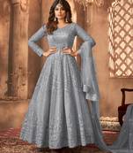 Grey color bollywood style designer anarkali dress for ceremonial looks