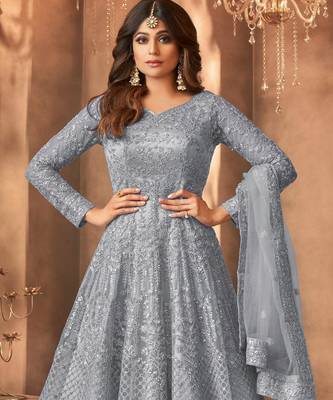 Grey color bollywood style designer anarkali dress for ceremonial looks 2