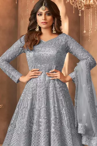 Grey color bollywood style designer anarkali dress for ceremonial looks