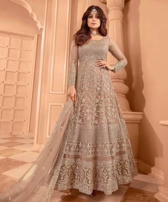 Beige color stylish ethnic partywear anarkali dress for trendy girls 1