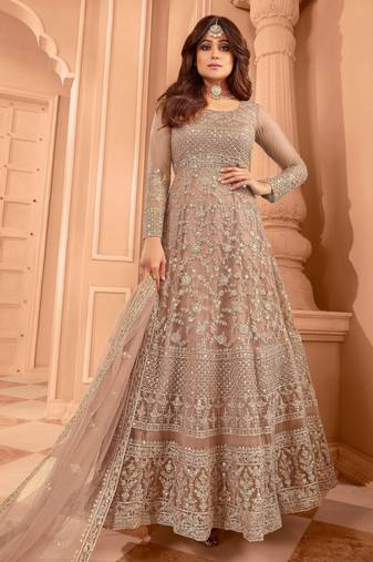 Beige color stylish ethnic partywear anarkali dress for trendy girls