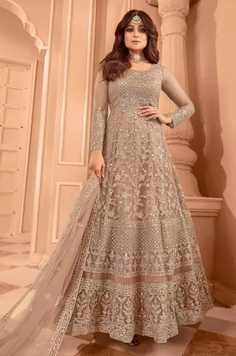 Beige color stylish ethnic partywear anarkali dress for trendy girls