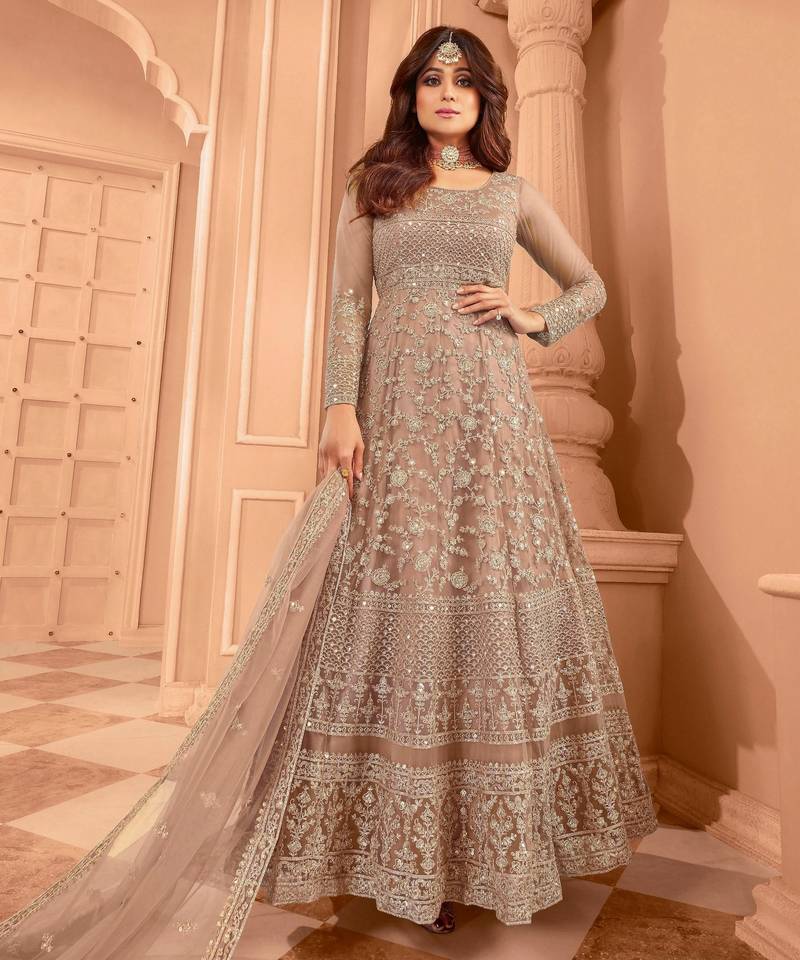 Beige color stylish ethnic partywear anarkali dress for trendy girls