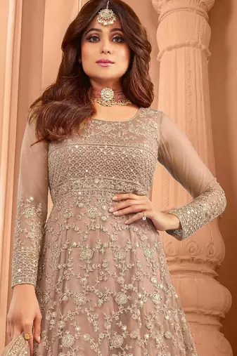 Beige color stylish ethnic partywear anarkali dress for trendy girls