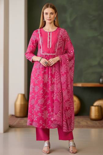 Women's pink rayon printed straight kurta set with dupatta