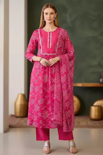 Women's pink rayon printed straight kurta set with dupatta