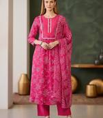 Women's pink rayon printed straight kurta set with dupatta
