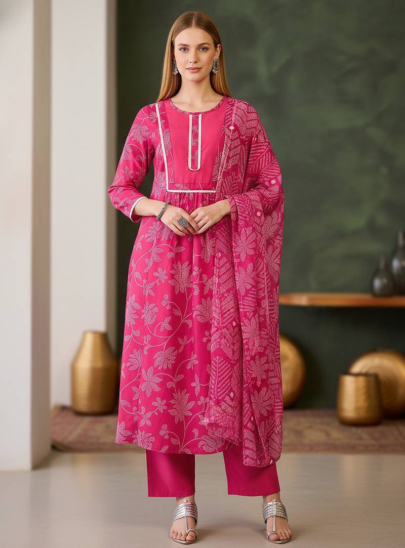 Women's pink rayon printed straight kurta set with dupatta