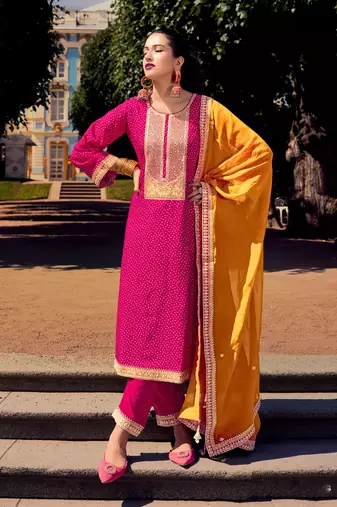 Pink color bambarg russian silk fabric ceremonial graceful partywear salwar kameez