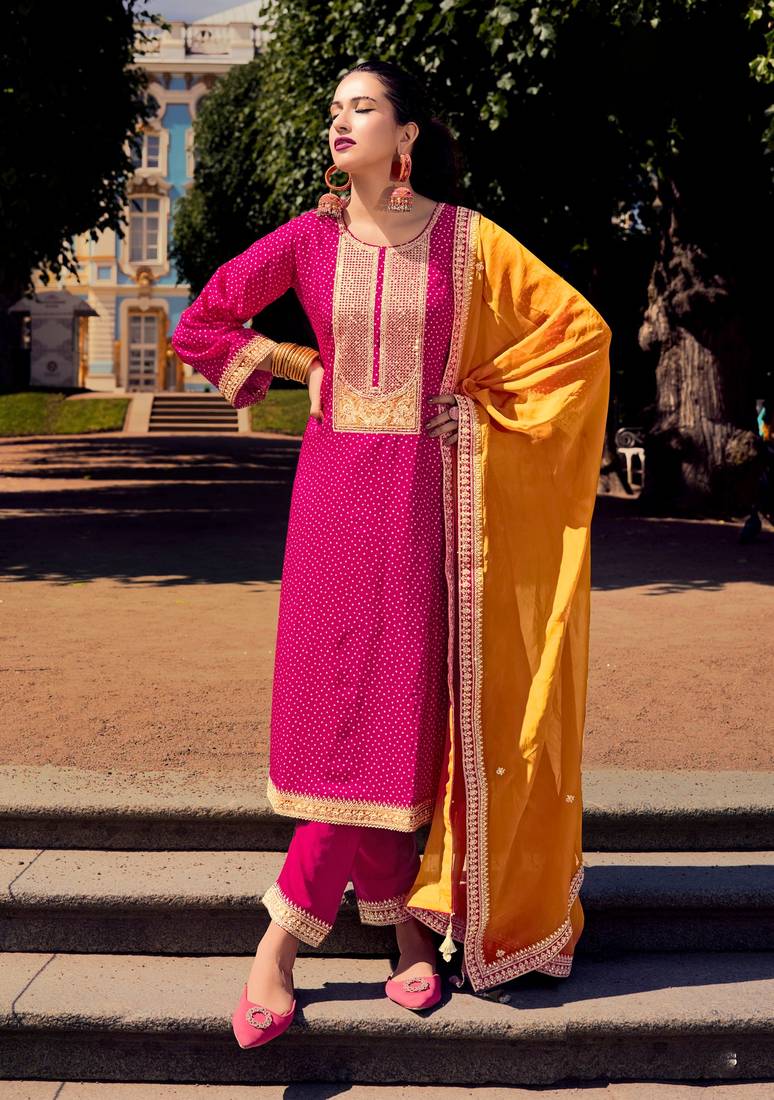 Pink color bambarg russian silk fabric ceremonial graceful partywear salwar kameez