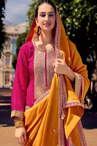 Pink color bambarg russian silk fabric ceremonial graceful partywear salwar kameez