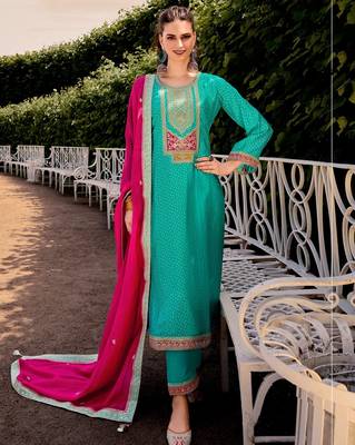 Teal color bambarg russian silk fabric ceremonial graceful partywear salwar kameez 1