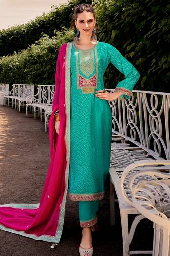 Teal color bambarg russian silk fabric ceremonial graceful partywear salwar kameez