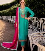 Teal color bambarg russian silk fabric ceremonial graceful partywear salwar kameez