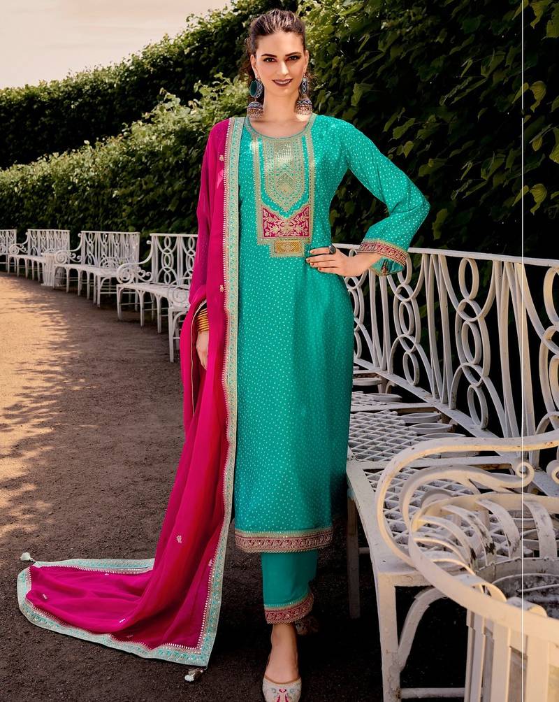 Teal color bambarg russian silk fabric ceremonial graceful partywear salwar kameez