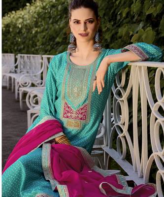 Teal color bambarg russian silk fabric ceremonial graceful partywear salwar kameez 2