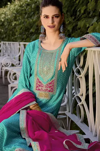 Teal color bambarg russian silk fabric ceremonial graceful partywear salwar kameez