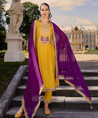 Yellow color bambarg russian silk fabric ceremonial graceful partywear salwar kameez 1