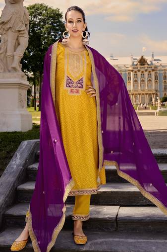 Yellow color bambarg russian silk fabric ceremonial graceful partywear salwar kameez