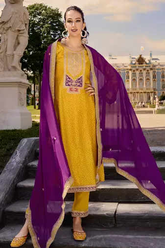 Yellow color bambarg russian silk fabric ceremonial graceful partywear salwar kameez