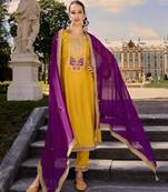 Yellow color bambarg russian silk fabric ceremonial graceful partywear salwar kameez