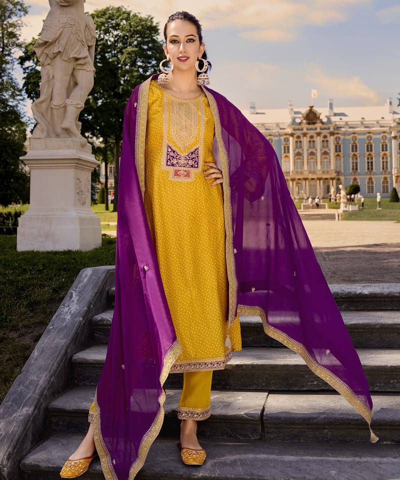 Yellow color bambarg russian silk fabric ceremonial graceful partywear salwar kameez