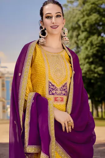 Yellow color bambarg russian silk fabric ceremonial graceful partywear salwar kameez