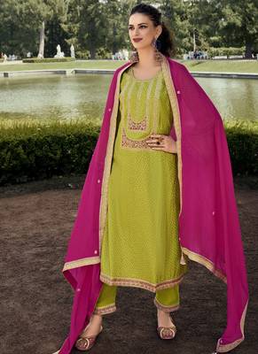 Mahendi color bambarg russian silk fabric ceremonial graceful partywear salwar kameez 1