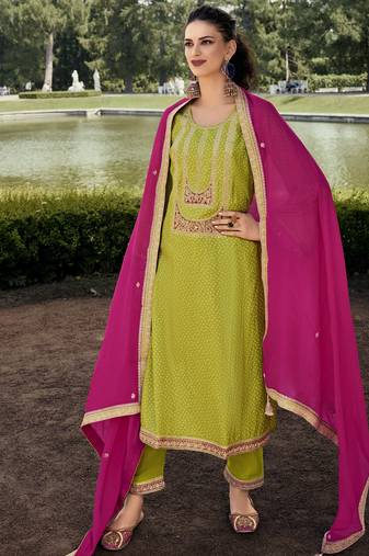 Mahendi color bambarg russian silk fabric ceremonial graceful partywear salwar kameez