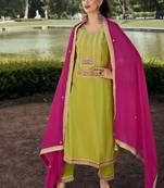 Mahendi color bambarg russian silk fabric ceremonial graceful partywear salwar kameez
