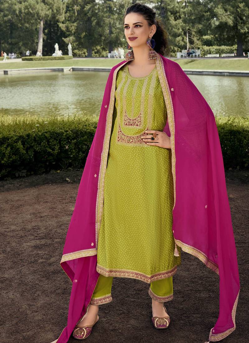 Mahendi color bambarg russian silk fabric ceremonial graceful partywear salwar kameez
