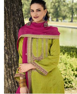 Mahendi color bambarg russian silk fabric ceremonial graceful partywear salwar kameez 2