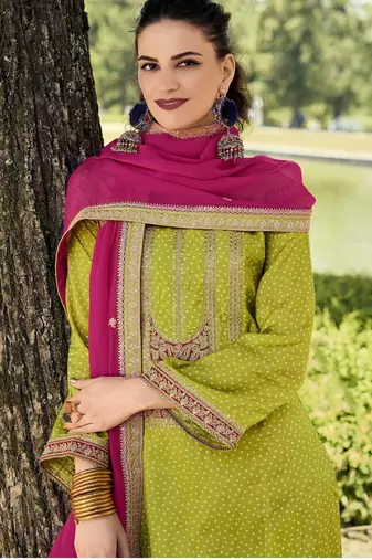 Mahendi color bambarg russian silk fabric ceremonial graceful partywear salwar kameez