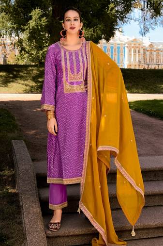 Lavender color bambarg russian silk fabric ceremonial graceful partywear salwar kameez