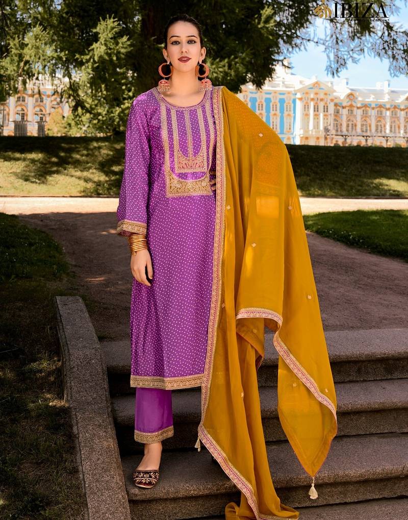 Lavender color bambarg russian silk fabric ceremonial graceful partywear salwar kameez