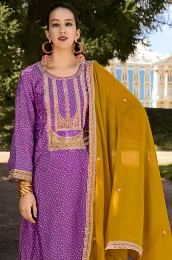 Lavender color bambarg russian silk fabric ceremonial graceful partywear salwar kameez