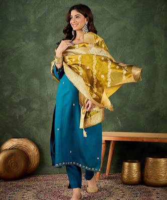 teal fancy viscose rayon kurta set 3