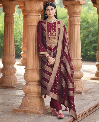 Maroon color banglori silk fabric wevon jacquard designer ethnic partywear suit 1