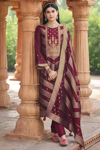 Maroon color banglori silk fabric wevon jacquard designer ethnic partywear suit
