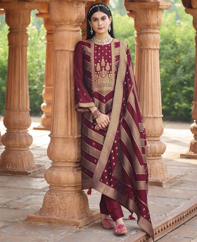 Maroon color banglori silk fabric wevon jacquard designer ethnic partywear suit