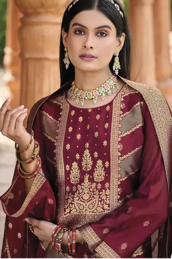 Maroon color banglori silk fabric wevon jacquard designer ethnic partywear suit