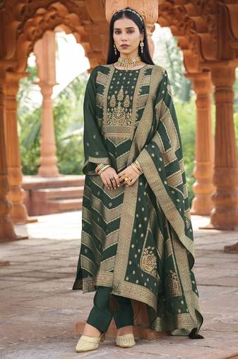 Green color banglori silk fabric wevon jacquard designer ethnic partywear suit