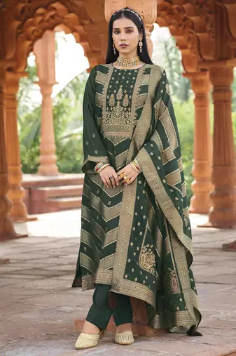 Green color banglori silk fabric wevon jacquard designer ethnic partywear suit