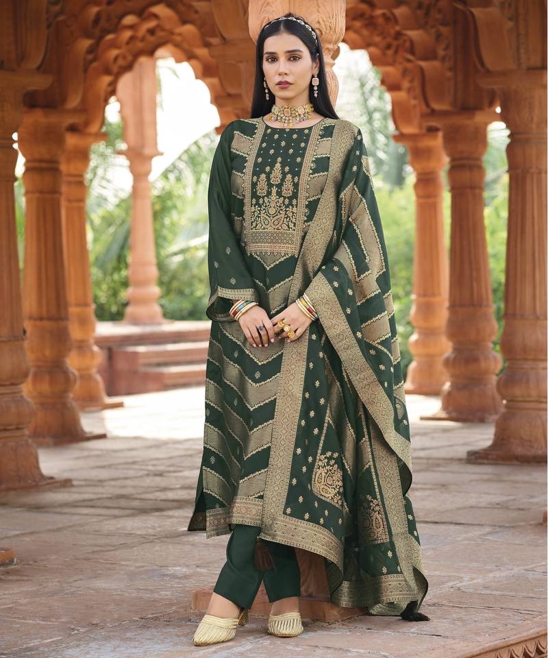 Green color banglori silk fabric wevon jacquard designer ethnic partywear suit