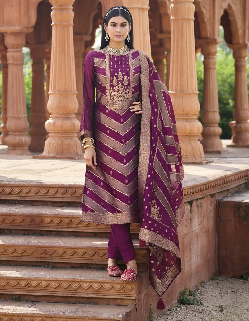 Purple color banglori silk fabric wevon jacquard designer ethnic partywear suit