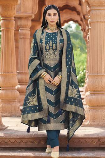 Teal color banglori silk fabric wevon jacquard designer ethnic partywear suit