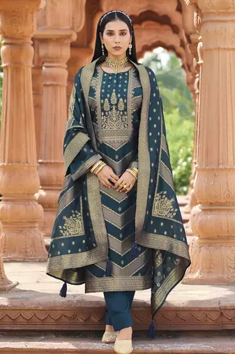 Teal color banglori silk fabric wevon jacquard designer ethnic partywear suit