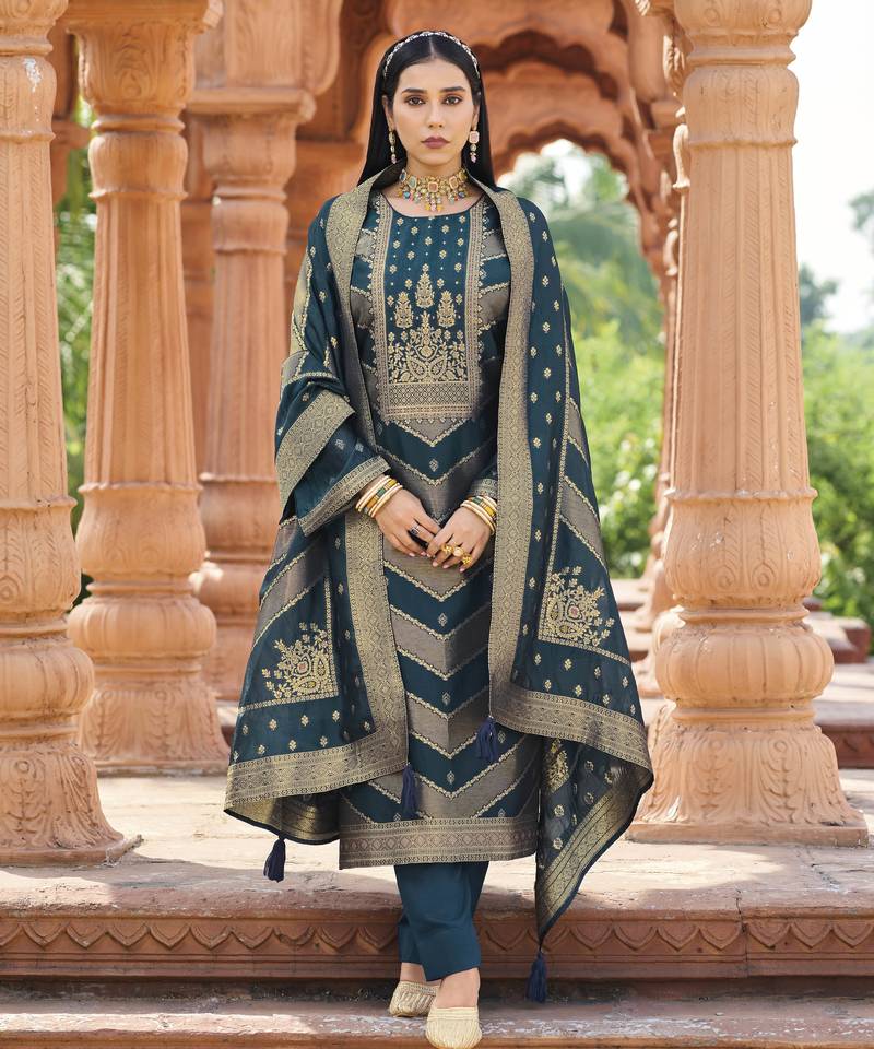Teal color banglori silk fabric wevon jacquard designer ethnic partywear suit