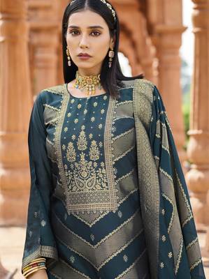 Teal color banglori silk fabric wevon jacquard designer ethnic partywear suit 2