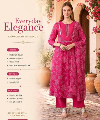 Women's pink rayon printed straight kurta set with dupatta 2